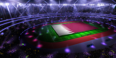 people hold Qatar flag in stadium arena. field 3d photorealistic render illustration