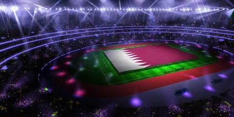 Fotobehang people hold Qatar flag in stadium arena. field 3d photorealistic render illustration © Anna Stakhiv