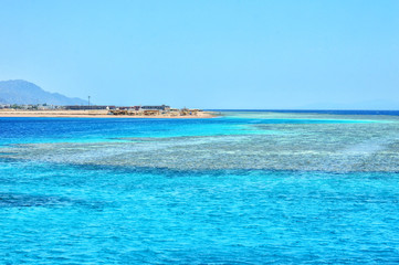 coral reef, surrounded by colorful shades of sea water
