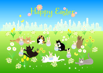 Happy Easter! Easter enjoyed by cats and rabbits