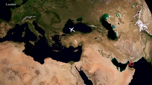 Route of airplane flying from Dubai to London on the Earth globe. Animation view from space. Elements of this image furnished by NASA