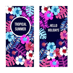 Summer banners with tropical leaves and flowers