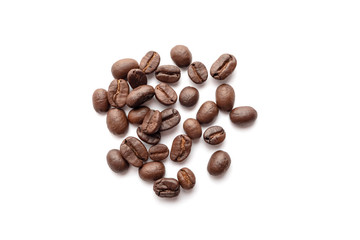 Roasted coffee beans isolated on white background. Close-up.