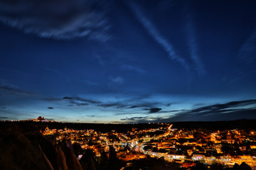 Beautiful view Goreme, Cappadocia, Turkey at night. Famous center of balloon fligths.