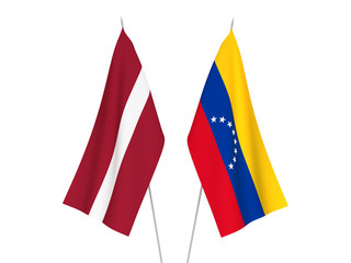 National fabric flags of Latvia and Venezuela isolated on white background. 3d rendering illustration.