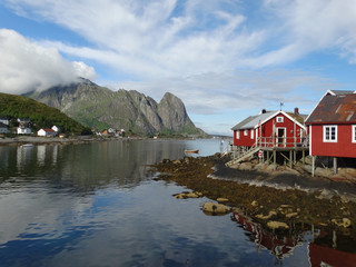 Norway; Fishermen huts in the fjord