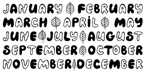 Handwritten names of months. Cute doodle set for banner, poster, notebook, diary, daily log, datebook, calendar, schedule, sticker, organizer, greeting card, bullet journal and planner.