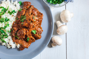 Beef Stroganoff served with rice