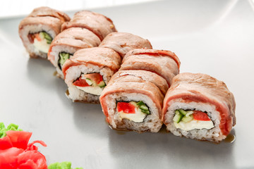 Salmon sushi rolls set. sushi with veal meat