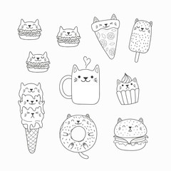 Set of kawaii doodles of foods with cat ears, macarons, pizza, burger, ice cream, donut, coffee. Isolated objects. Hand drawn vector illustration. Line drawing. Design concept coloring pages for kids.