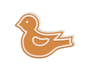 Bird cookie made of gingerbread for Christmas celebration vector. Isolated icon of gingerbread biscuit with topping creamy foam in shape of birdie