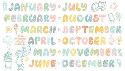 Handwritten names of months. Cute doodle set for banner, poster, notebook, diary, daily log, datebook, calendar, schedule, sticker, organizer, greeting card, bullet journal and planner.