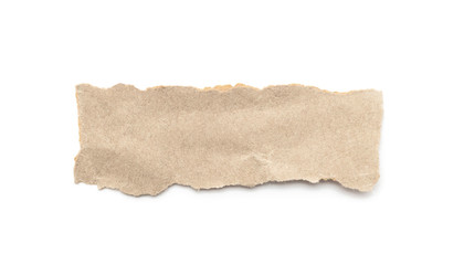 Recycled paper craft stick on a white background. Brown paper torn or ripped pieces of paper isolated on white.