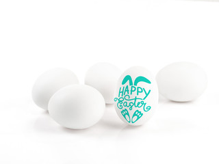 Happy Easter lettering on egg on white background, Easter design with cute bunny and text, hand drawn illustration