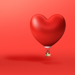 3D Heart hot air  balloon floating on red background ; Air travel and aircraft,Tourism and recreation. Sky objects.