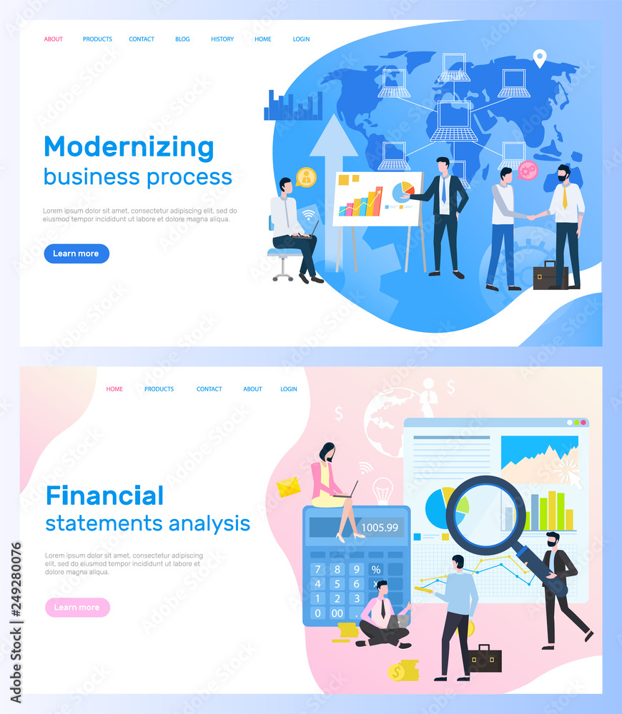 Poster Modernizing business process and financial statements analysis vector. Graphics and diagram, calculations and presentation world map and entrepreneurs. Website or webpage template landing page in flat