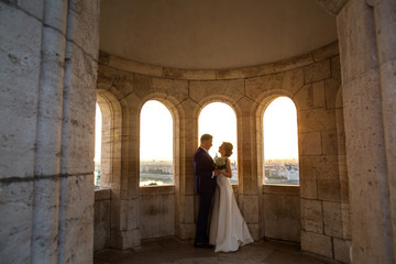 Beautiful wedding couple posing in famous castle