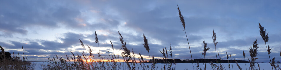 Sunset in the winter on the lake.