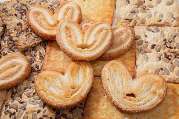 Varied cookies on the table. Backgrounds and textures
