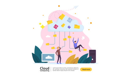 Cloud computing concept. Hosting network service or Online database storage system with people character for web landing page template, banner, presentation, social, and print media with flat style.