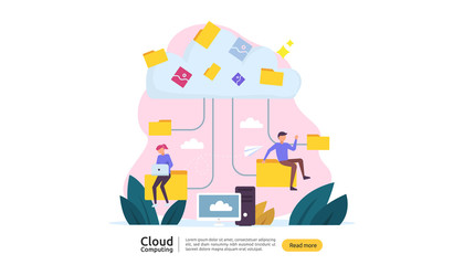 Fototapeta na wymiar Cloud computing concept. Hosting network service or Online database storage system with people character for web landing page template, banner, presentation, social, and print media with flat style.