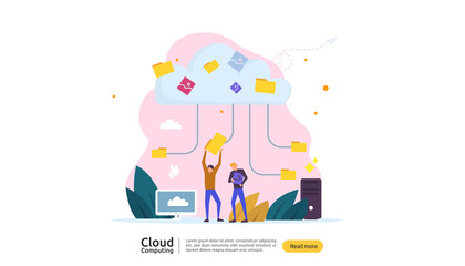 Cloud computing concept. Hosting network service or Online database storage system with people character for web landing page template, banner, presentation, social, and print media with flat style.