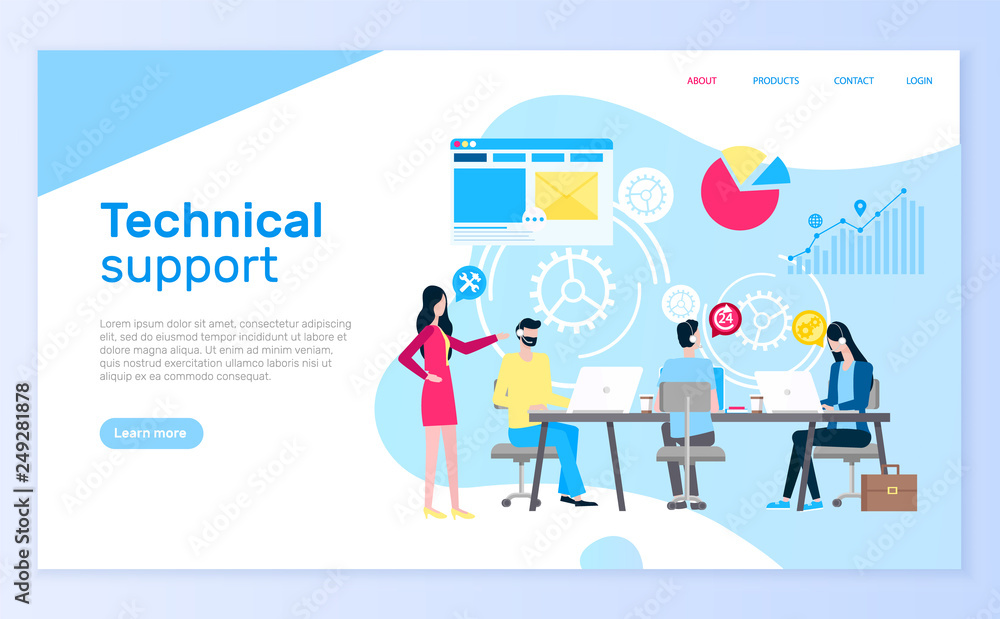 Poster technical support people answering questions help desk vector. online communication clients, assista