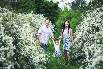 cheerful father and mother are having fun playing with their little daughter. family resting in nature among spirea bushes