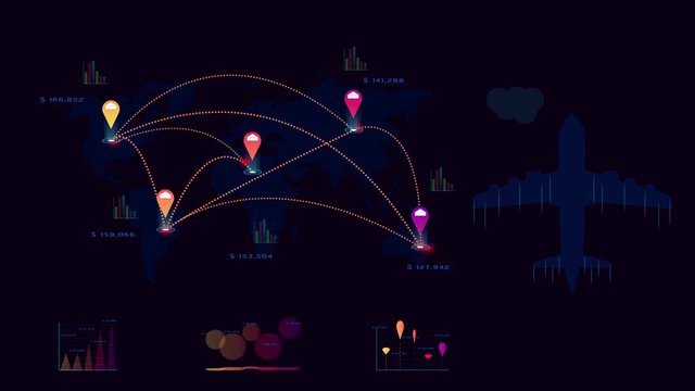 4k. plane transports logistic associated company factory world map mark point infographic design with summary graph chart data.