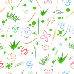 Seamless various color Sketch Pattern flower weed and dot