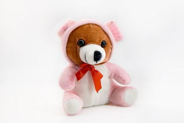 Baby teddy bear in a pink jumpsuit sitting on an isolated white background