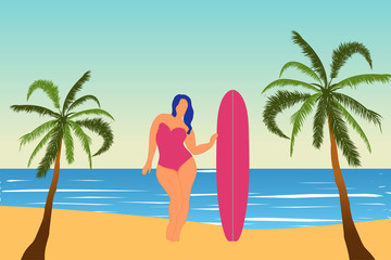 Tropical landscape. Sea landscape. Summer background. Girl with surfing board. Flat style illustration. Palm trees. Vector illustration