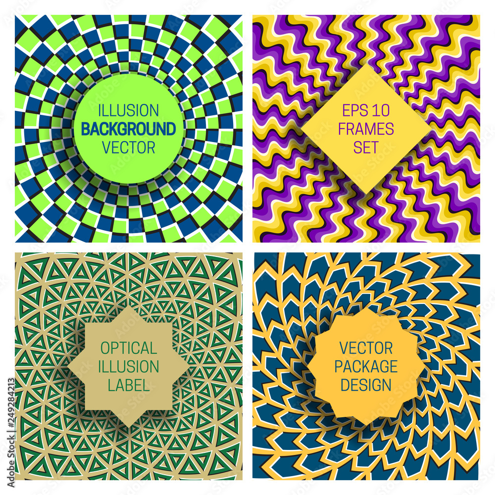Poster set of various frames on optical illusion backgrounds. original labels templates for packaging desig