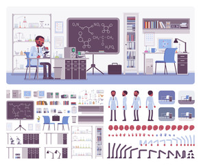 Male black scientist working in laboratory, office interior creation kit, workspace set to build your own design, wall and floor color constructor elements. Cartoon flat style infographic illustration