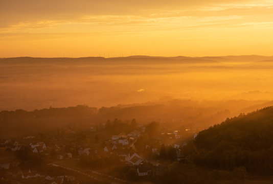 Sunset over village Steinbergen in Germany