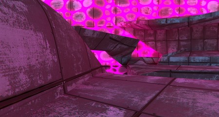 Abstract  Concrete Futuristic Sci-Fi interior With Pink And Blue Glowing Neon Tubes . 3D illustration and rendering.