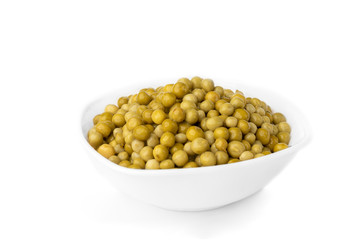 Canned green peas isolated on white background.