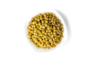 Canned green peas isolated on white background.