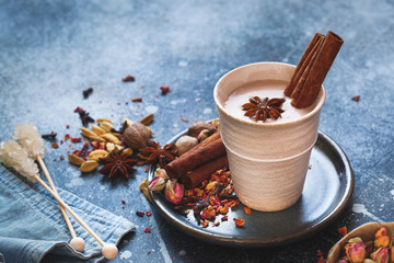 Chai Masala Tea in rustic cup with spices. Macro, selective focus