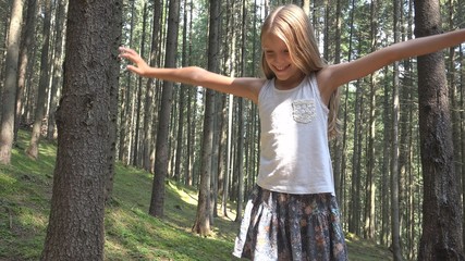 Child in Forest Walking Tree Log Kid Playing Camping Adventure Girl Outdoor Wood