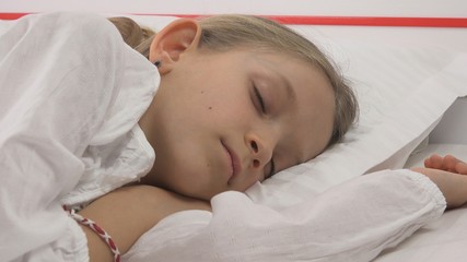 Fototapeta na wymiar Child Sleeping in Bed, Kid Portrait Resting in Bedroom, Girl Face at Home
