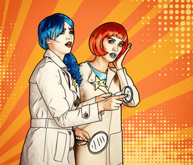 Female detectives investigate a crime. Young women in comic pop art make-up style.