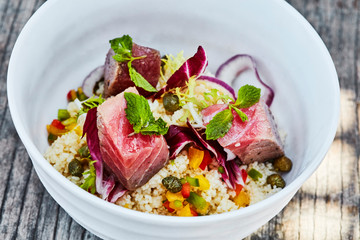 Couscous salad with seared tuna