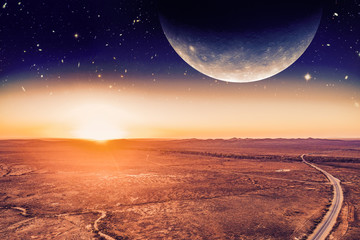 Unreal alien panoramic landscape - planet rising over desert and road at sunrise. Elements of this image are furnished by NASA