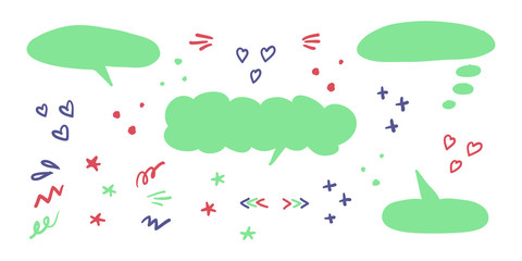 Vector speech bubbles and other decoration symbols - hearts, zigzag, stripes, circles, crosses set. Hand-drawn Vector Illustration