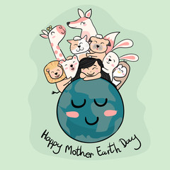 cute animals with a girl on the earth  mother earth day