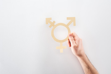 cropped view of male hand with paper cut gender sign on grey background, lgbt concept