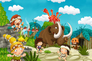 cartoon cavemen village scene with mammoth and volcano in the background - illustration for children