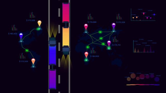 4K. truck transports logistic associated company factory world map mark point infographic design with summary graph chart data.