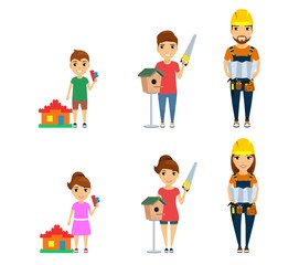 Fototapeta premium Set, profession builder. A little girl and boy dream of becoming a builder. Male and female professional builders.